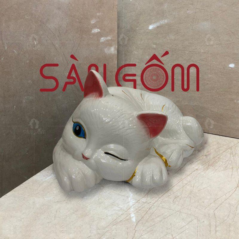 Ống tiết kiệm hình con mèo dáng nằm màu trắng vẽ vàng SG-HĐ49