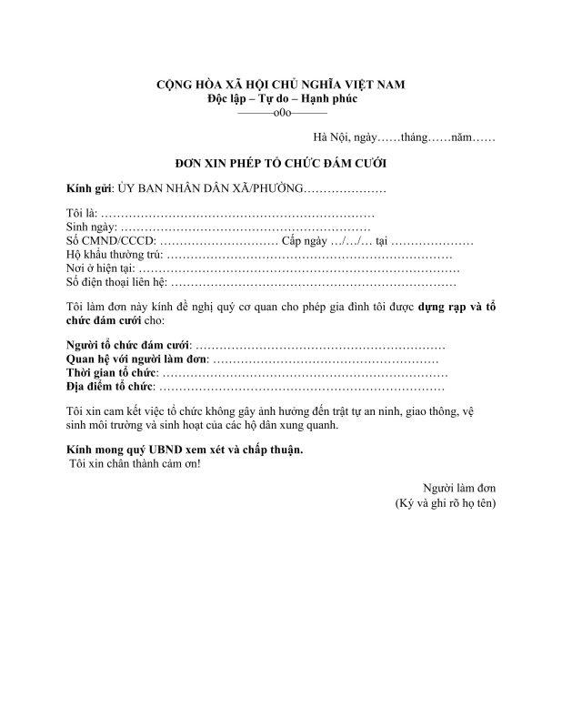 Tải ngay mẫu đơn xin tổ chức đám cưới mới nhất năm 2025 chuẩn