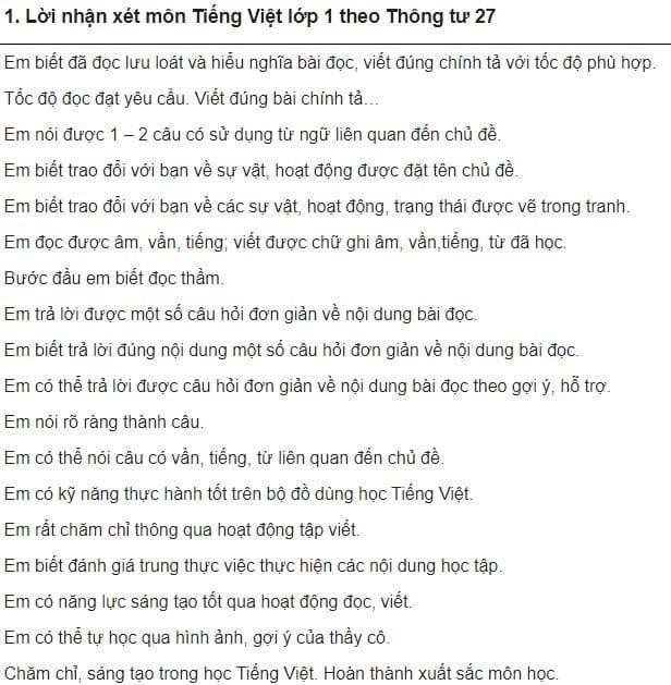 Mẫu nhận xét các môn học tiểu học theo Thông tư 27 năm 2026